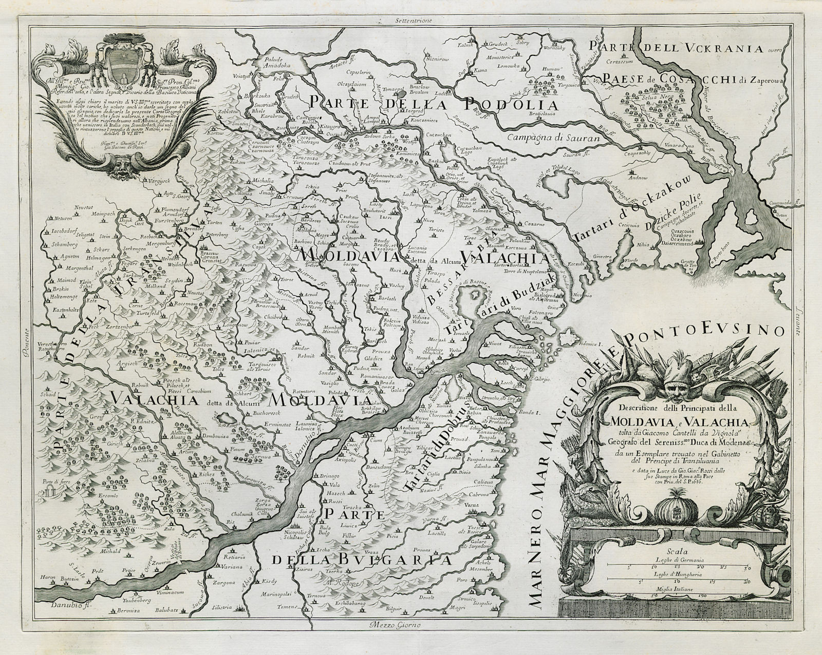 Descritione delli Principati della Moldavia, e Valachia. Romania. ROSSI 1686 map