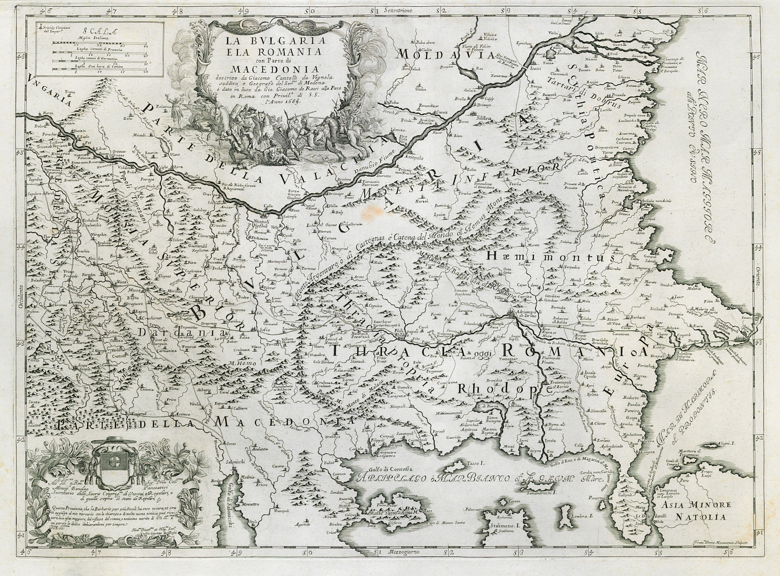 La Bulgaria e La Romania con parte di Macedonia. Thrace. ROSSI/CANTELLI 1689 map