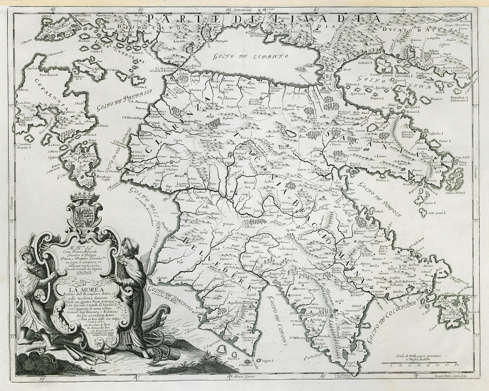 La Morea. Peloponnese. Greece. DE ROSSI / CANTELLI DE VIGNOLA 1686 old map