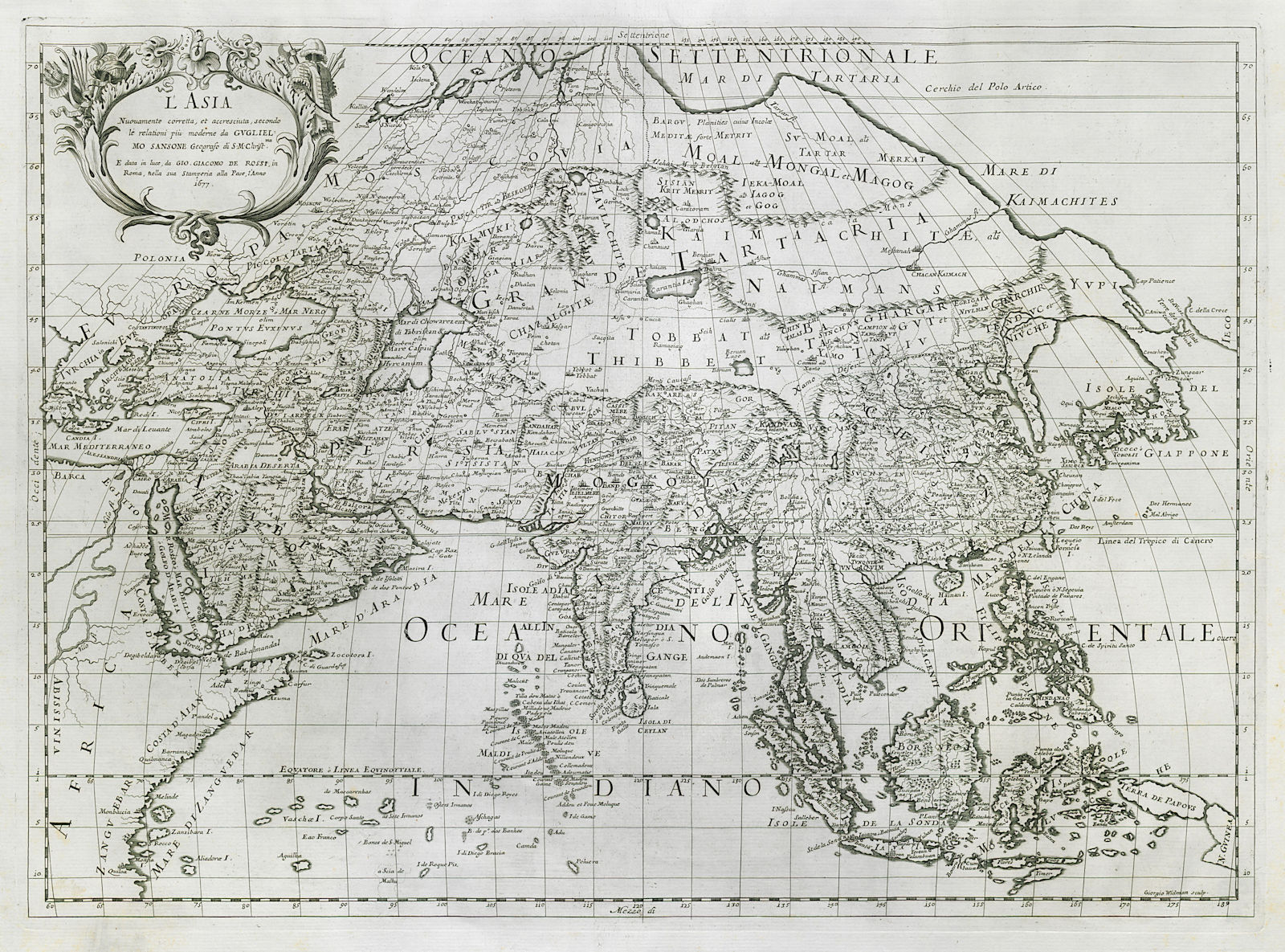 L'Asia. China. Mughal Empire. DE ROSSI / SANSON 1677 old antique map chart