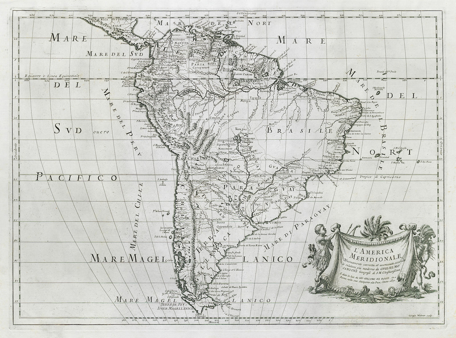 L'America Meridionale. South America. DE ROSSI / SANSON 1677 old antique map