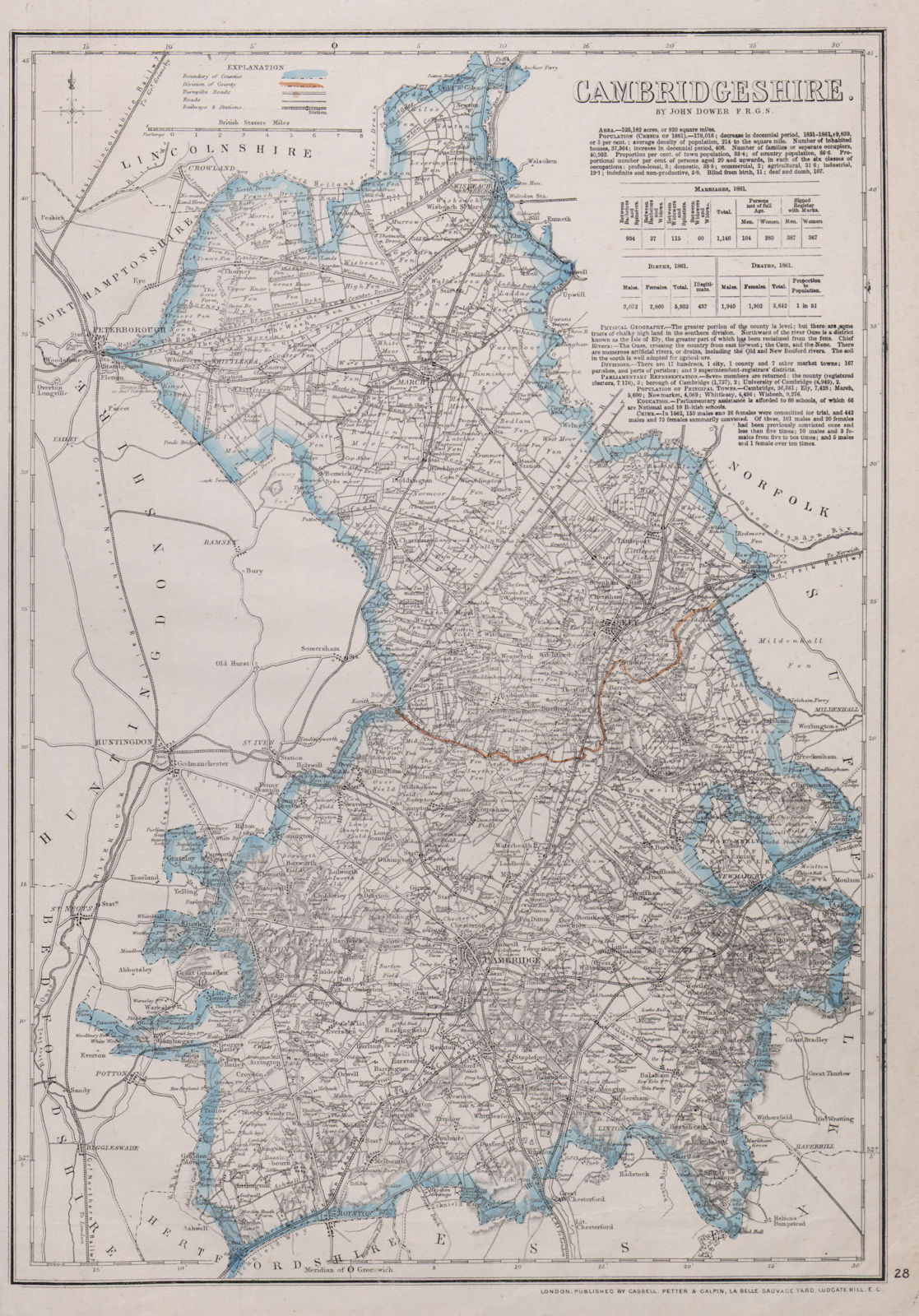Associate Product CAMBRIDGESHIRE. Antique county map. Railways turnpike roads. DOWER 1868