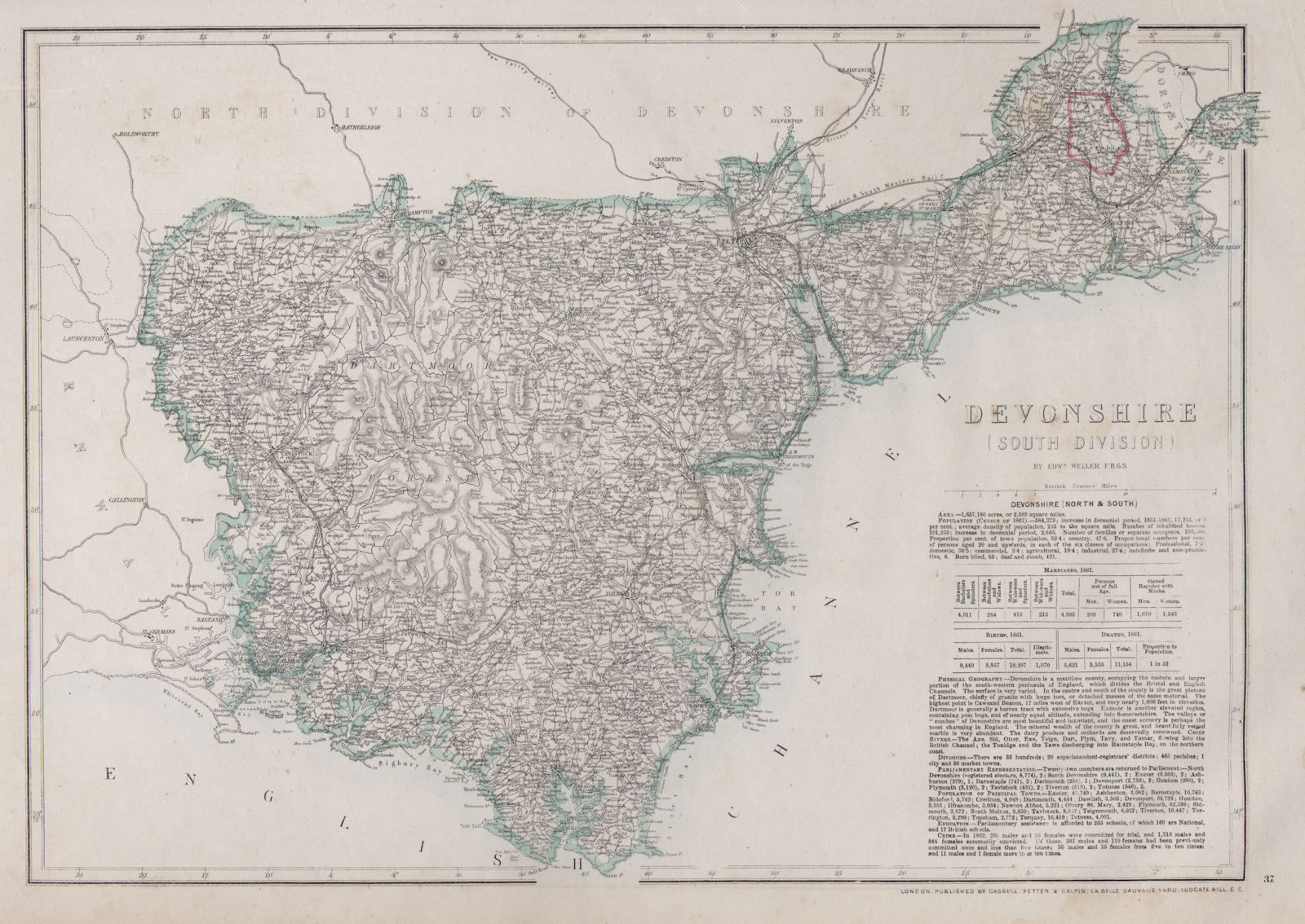 DEVONSHIRE SOUTH. Dartmoor Torquay Salcombe. Exclave/enclave. WELLER 1868 map