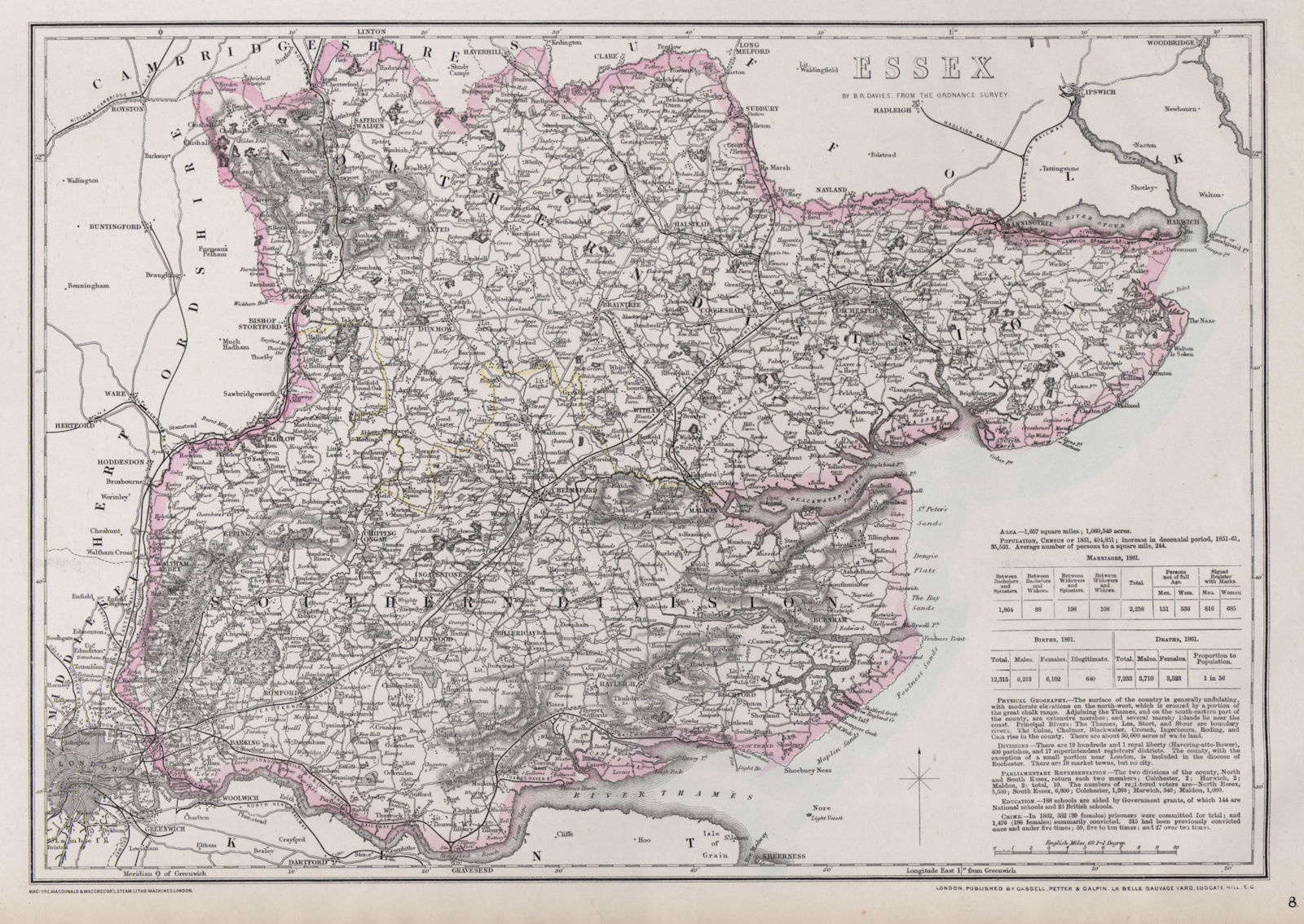 ESSEX. Antique county map. Railways. BR DAVIES 1868 old plan chart
