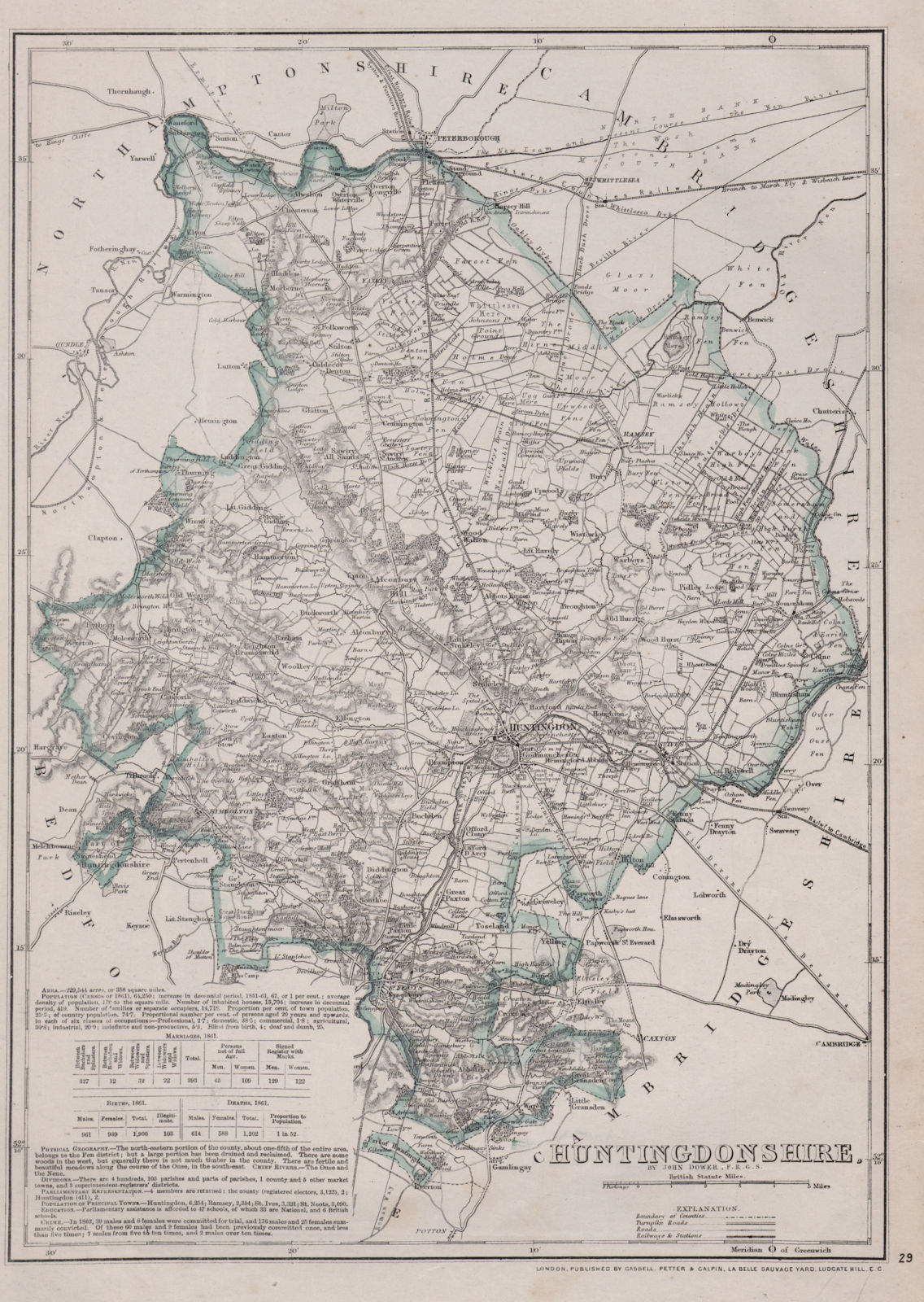 Associate Product HUNTINGDONSHIRE county map. Shows 2 exclaves. Railways.DOWER/BR DAVIES 1868