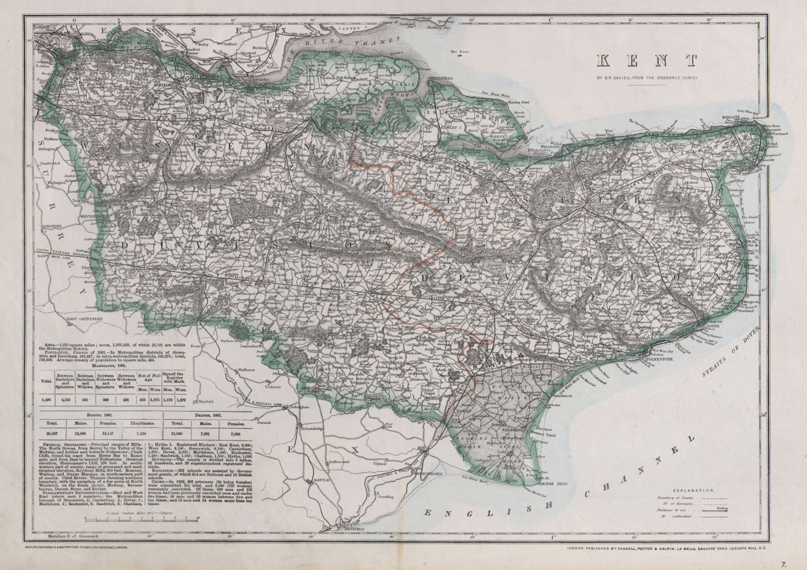 Associate Product KENT. County map. Downs. Railways in use/under construction. BR DAVIES 1868