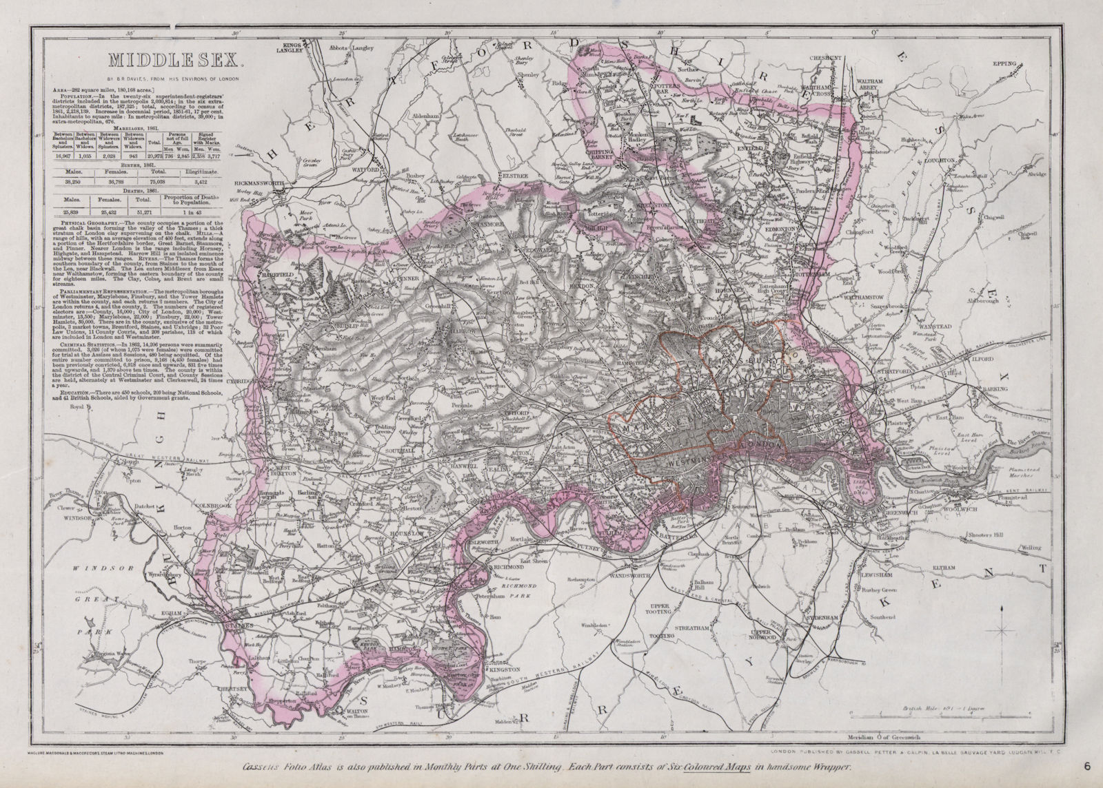 MIDDLESEX & LONDON PARISHES. Antique county map. Railways. BR DAVIES 1868