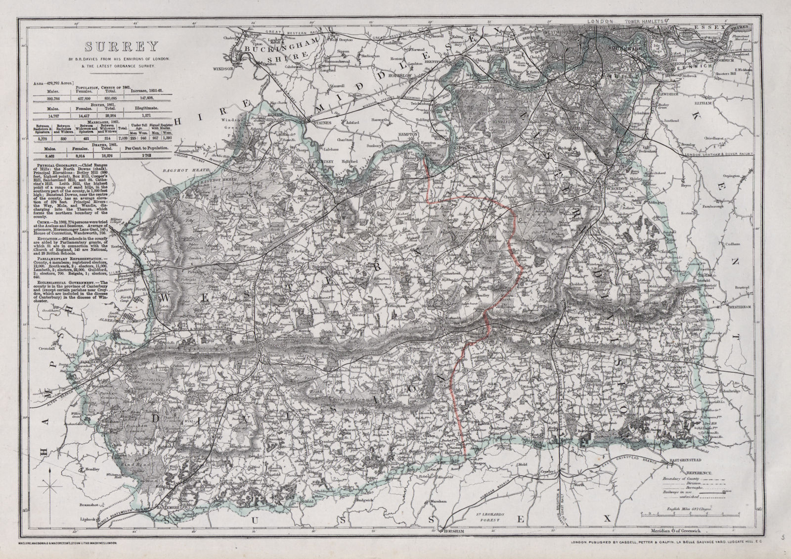 SURREY. Chertsey Guildford Dorking. County map. Railways. BR DAVIES 1868