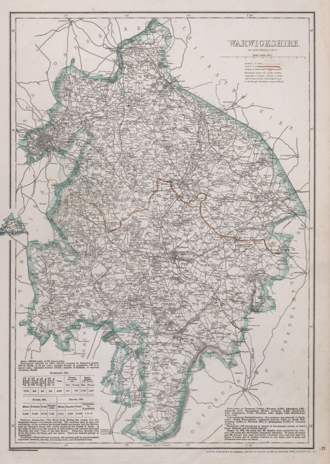 Associate Product WARWICKSHIRE. Birmingham. County map showing excave & railways. WELLER 1868