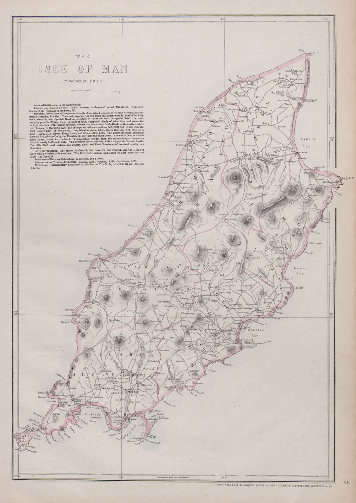 'The Isle of Man' showing Sheadings. WELLER 1868 old antique map plan chart
