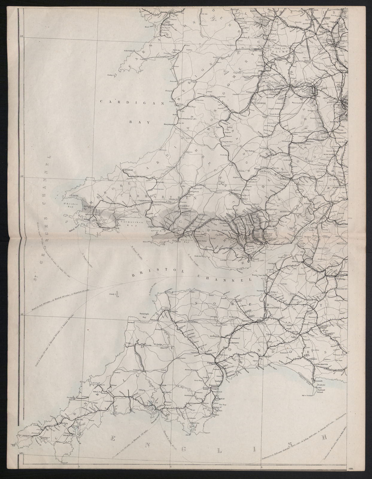 "Great Britain showing all the railways…" Wales & SW England. DOWER 1868 map