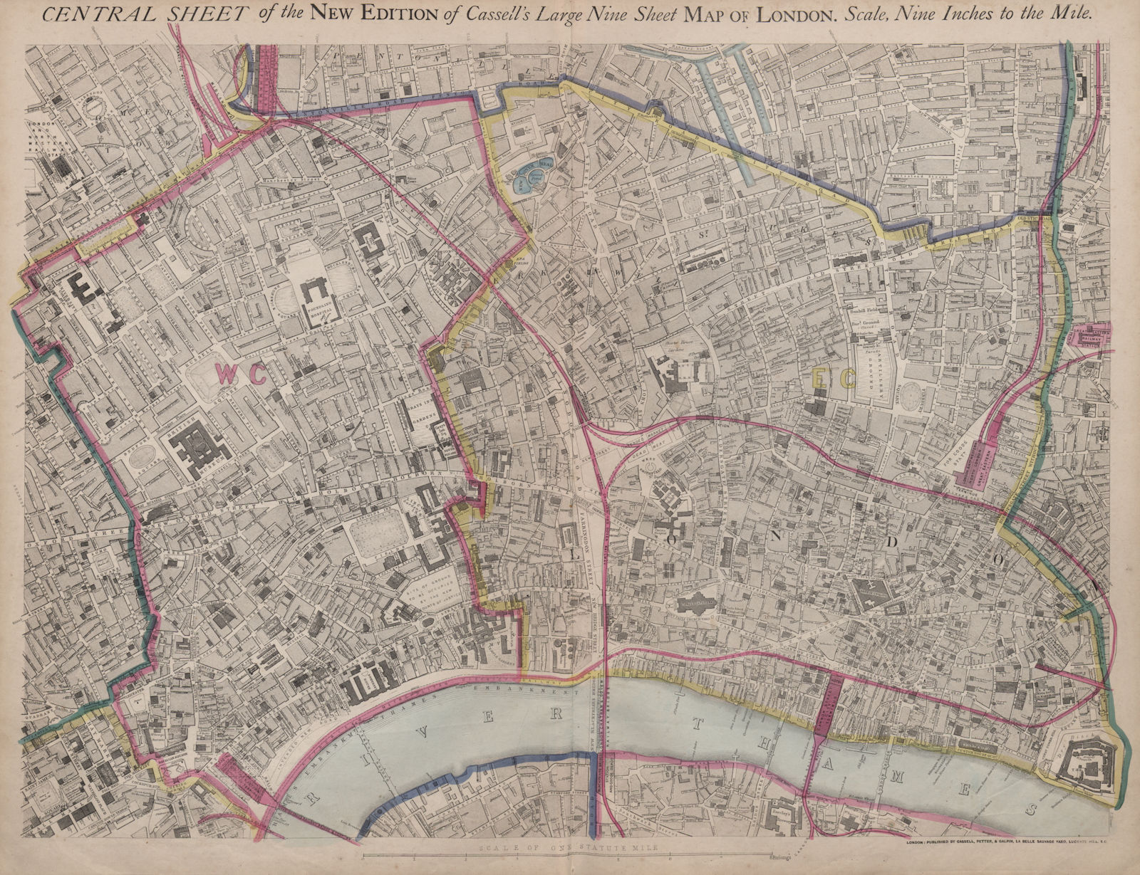 CASSELLS LONDON Central. Bloomsbury Covent Garden City Holborn. WELLER 1868 map