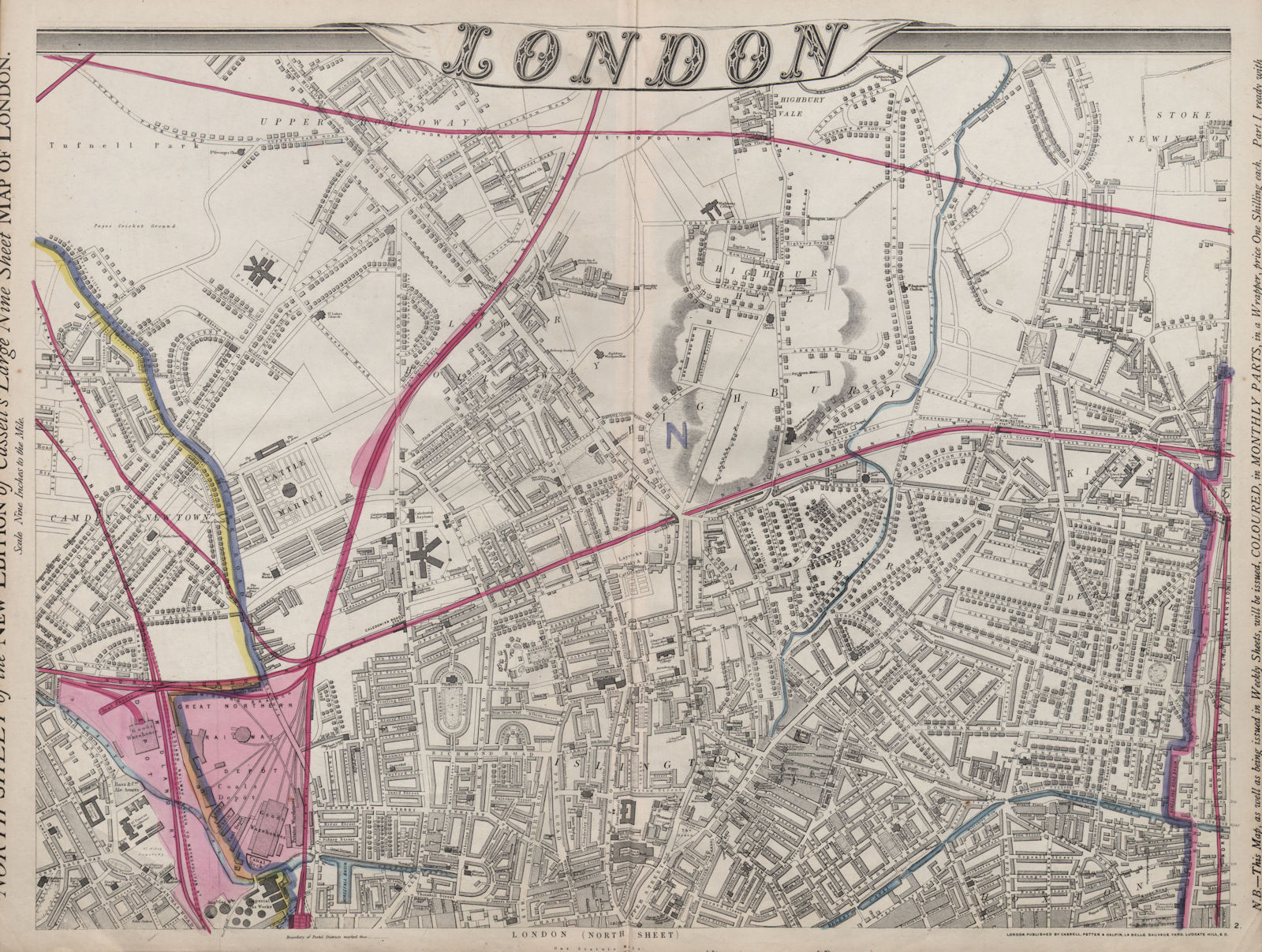 'CASSELLS LONDON N. Holloway Camden islington Highbury Hoxton. WELLER 1868 map