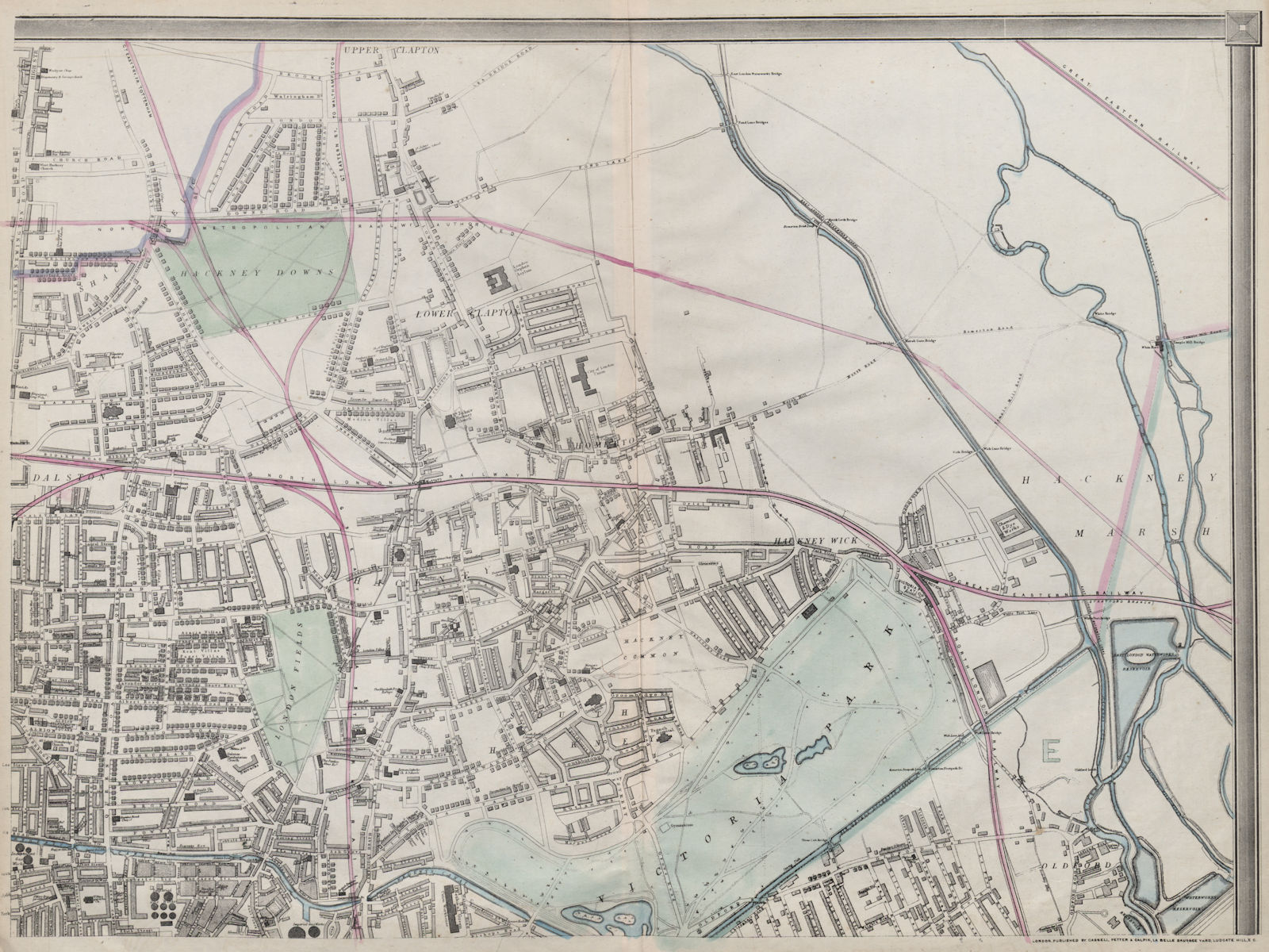 'CASSELLS LONDON NE. Hackney Old Ford Dalston Homerton Clapton. WELLER 1868 map