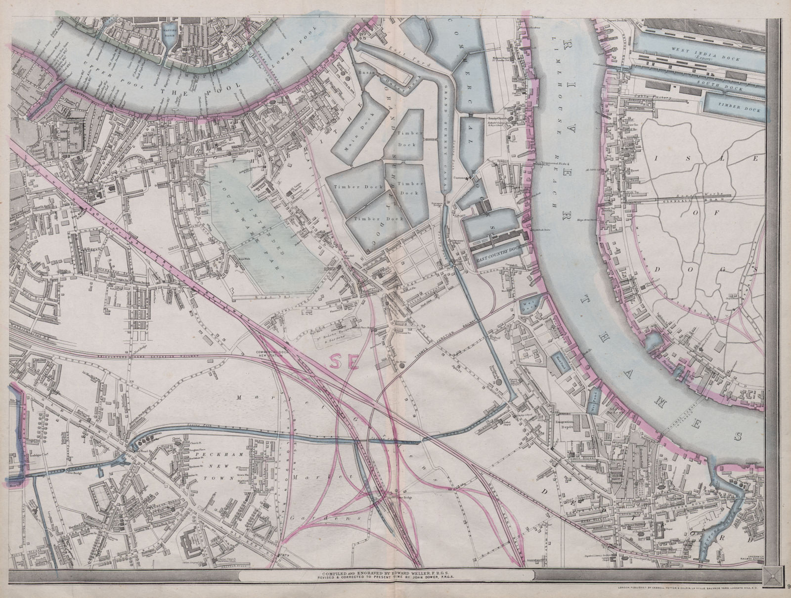 'CASSELLS LONDON SE. Rotherhithe Bermondsey Deptford Peckham. WELLER 1868 map