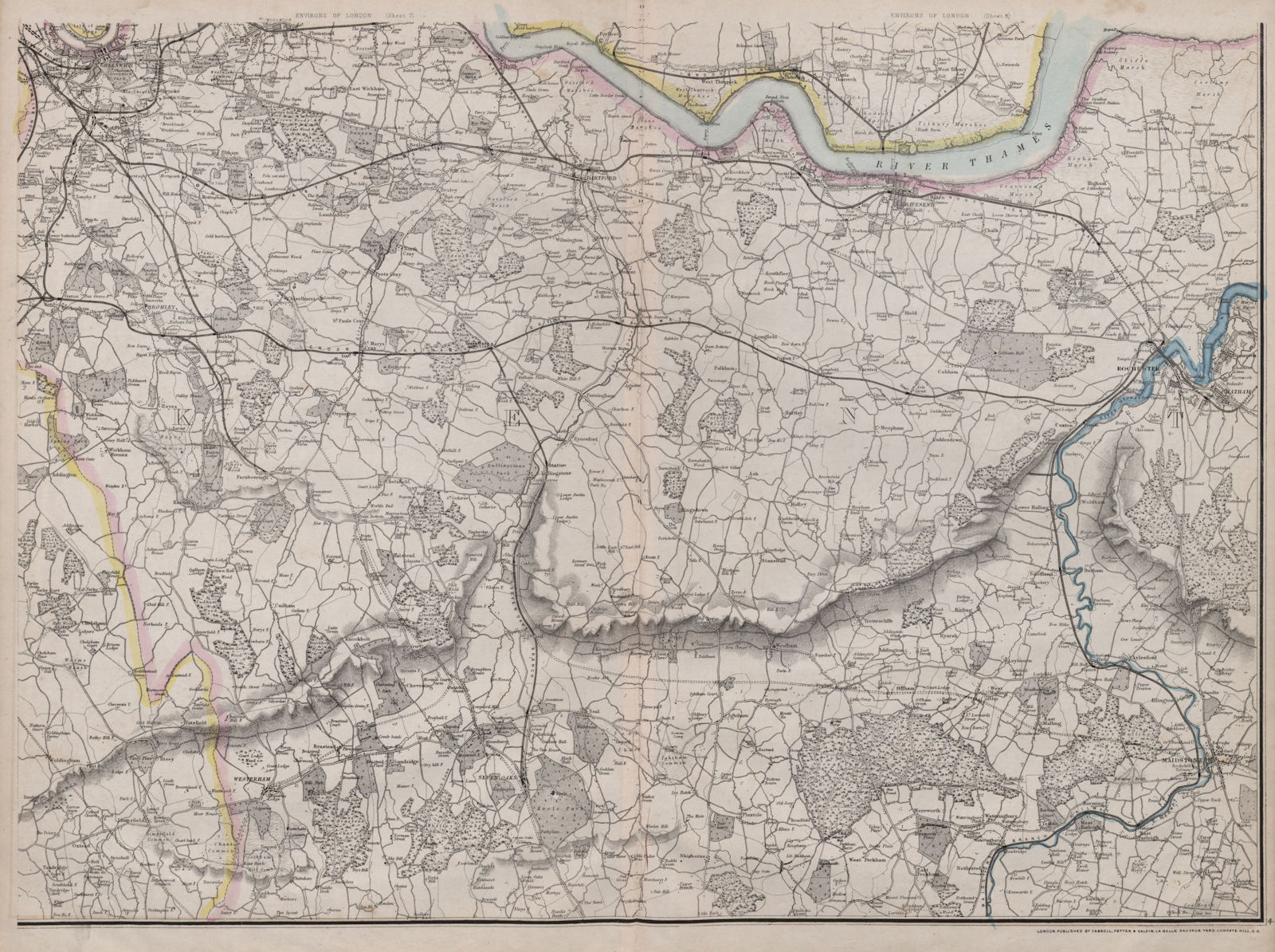 Associate Product SE LONDON Kent Downs Thames Estuary Dartford Sevenoaks Maidstone WELLER 1868 map
