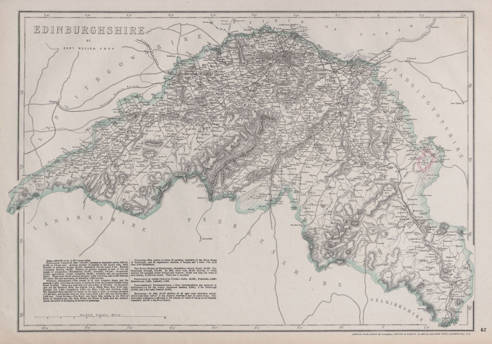 'Edinburghshire'. Midlothian. By EDWARD WELLER for the Dispatch Atlas 1868 map