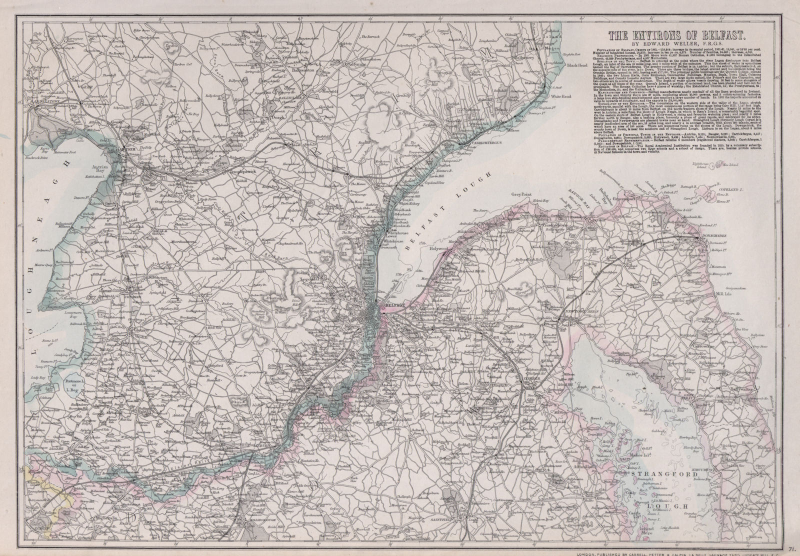 BELFAST ENVIRONS. Lough Lurgan Lisburn Carrickfergus. Ulster. WELLER 1868 map