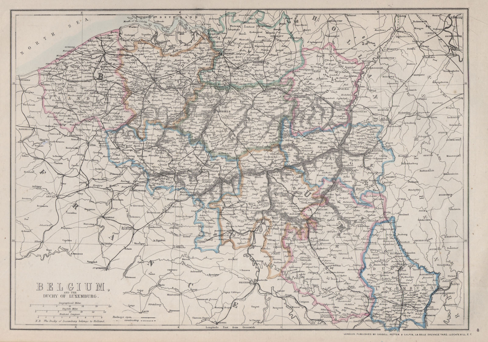 BELGIUM & LUXEMBOURG. Provinces rivers railways. JW LOWRY. Dispatch 1868 map
