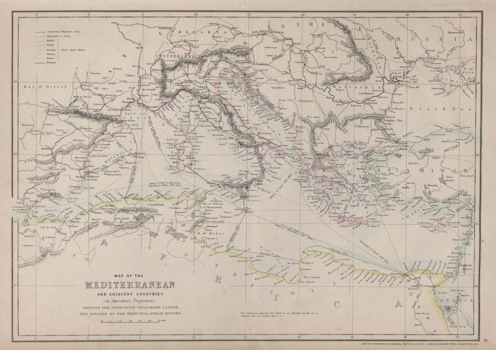 MEDITERRANEAN SEA. Submarine telegraph cables. steamship routes. LOWRY 1868 map