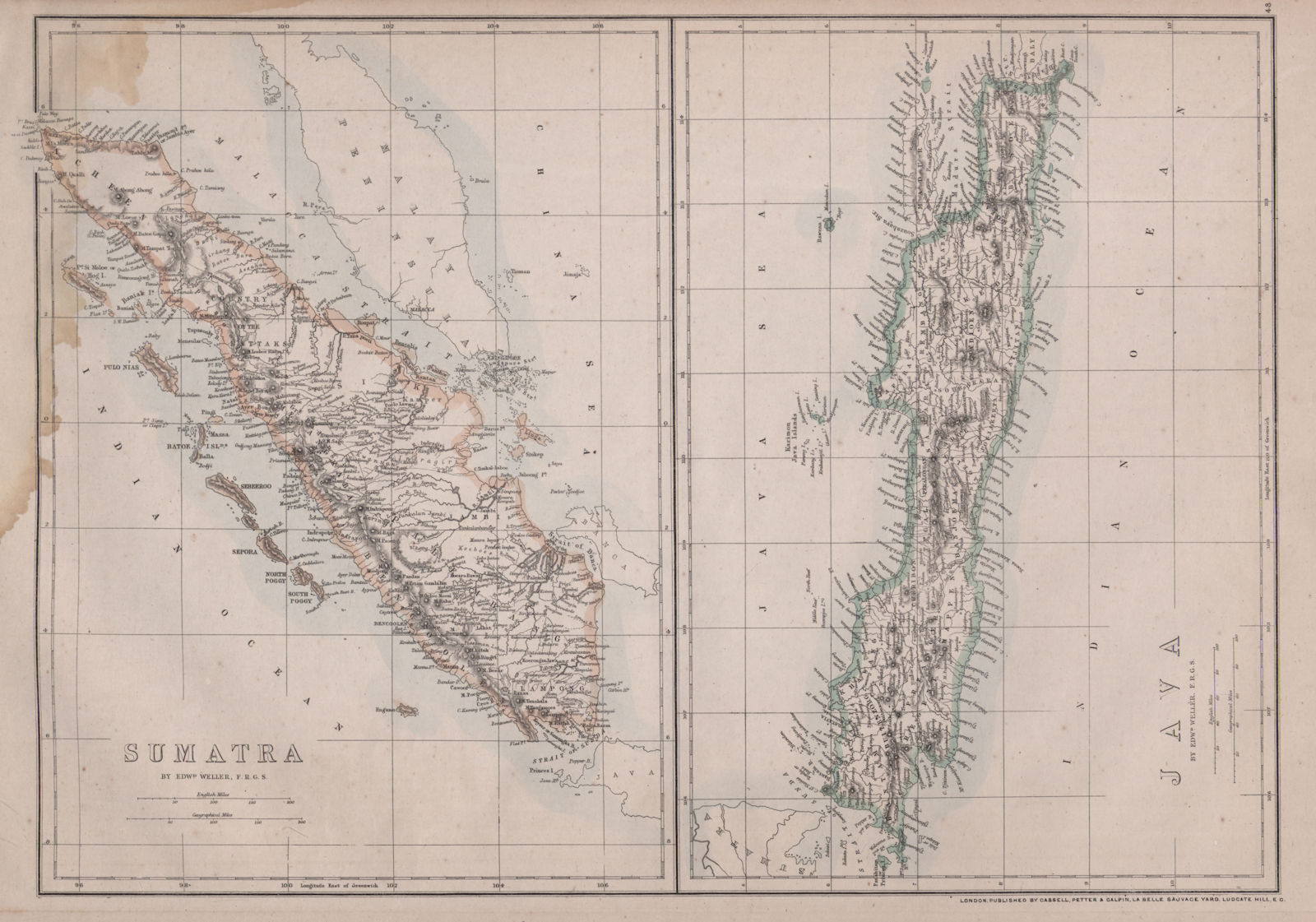 SUMATRA & JAVA. Dutch East Indies. Singapore. Indonesia. WELLER 1868 old map