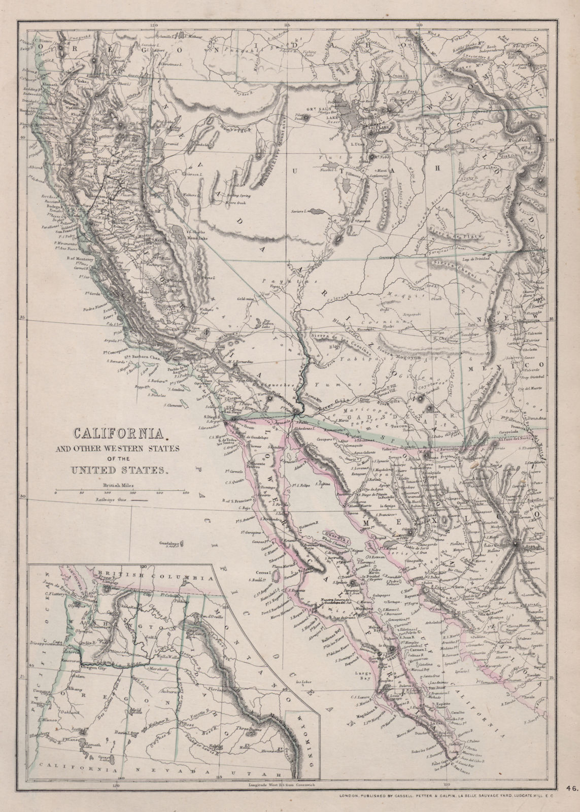 BAJA/CALIFORNIA Las Vegas in Arizona <1867 Nevada border change ETTLING 1868 map