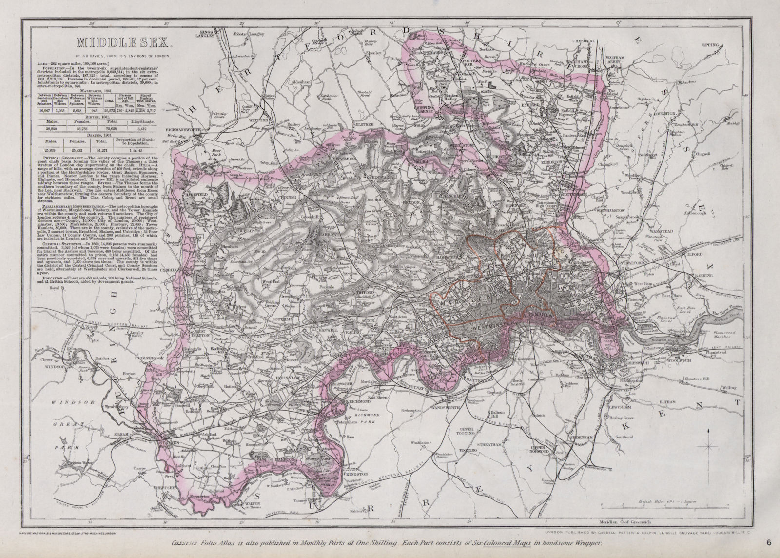 LONDON PARISHES & MIDDLESEX. Antique county map. Railways. BR DAVIES 1868