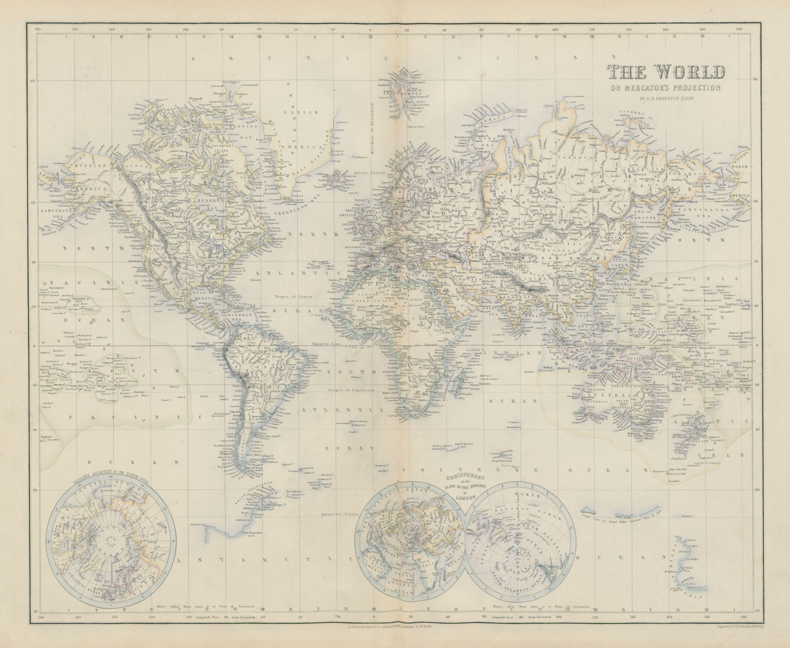 The World on Mercator's Projection. SWANSTON 1860 old antique map plan chart