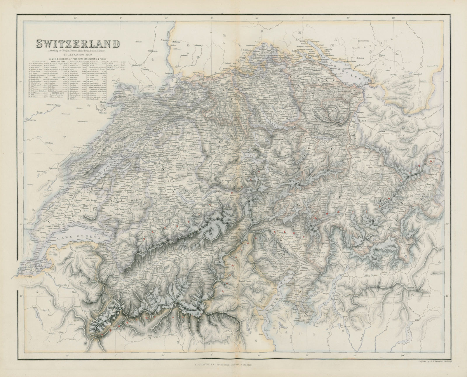 Associate Product Switzerland with table of 40 highest alpine peaks. SWANSTON 1860 old map