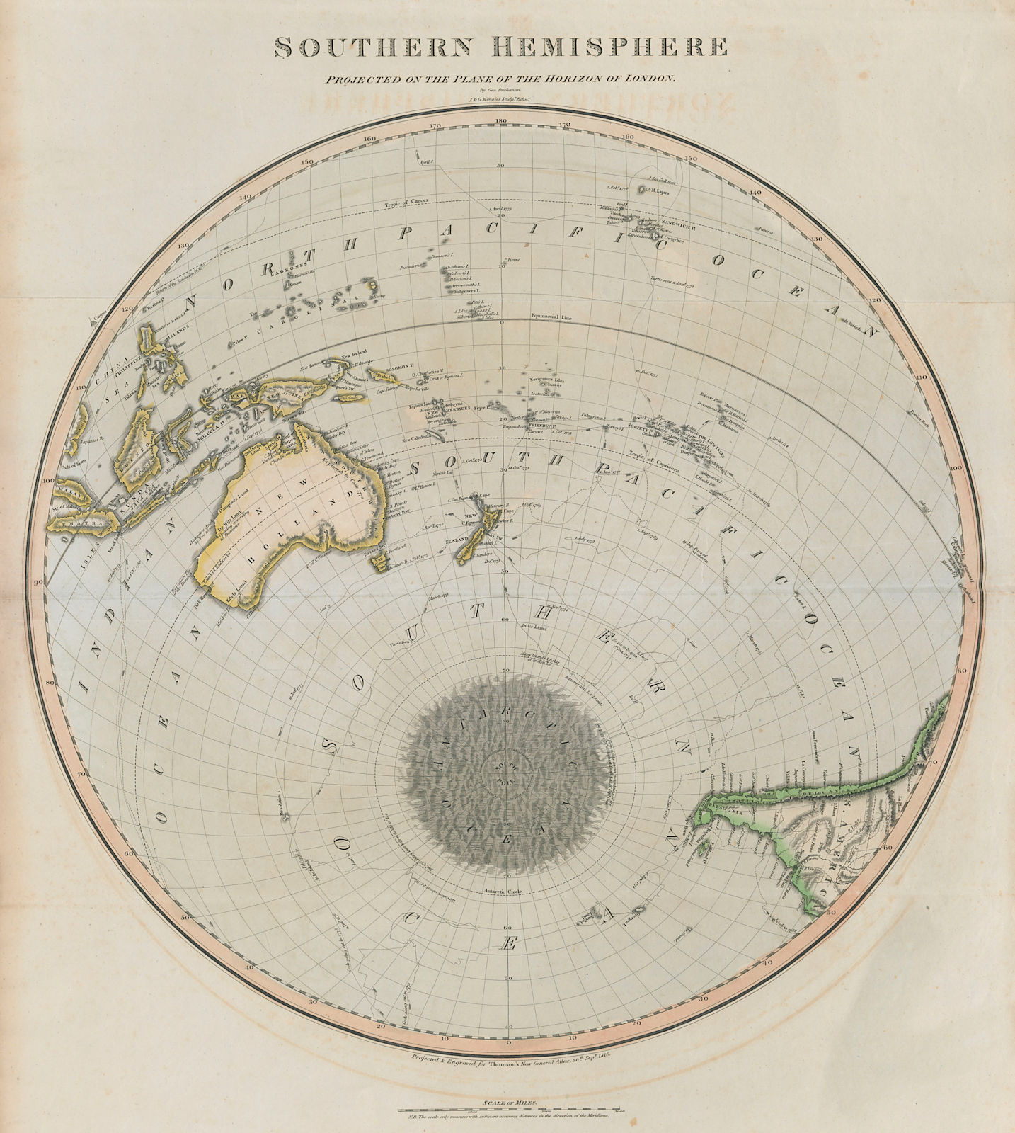 "Southern hemisphere on the plane of the horizon of London" THOMSON 1817 map