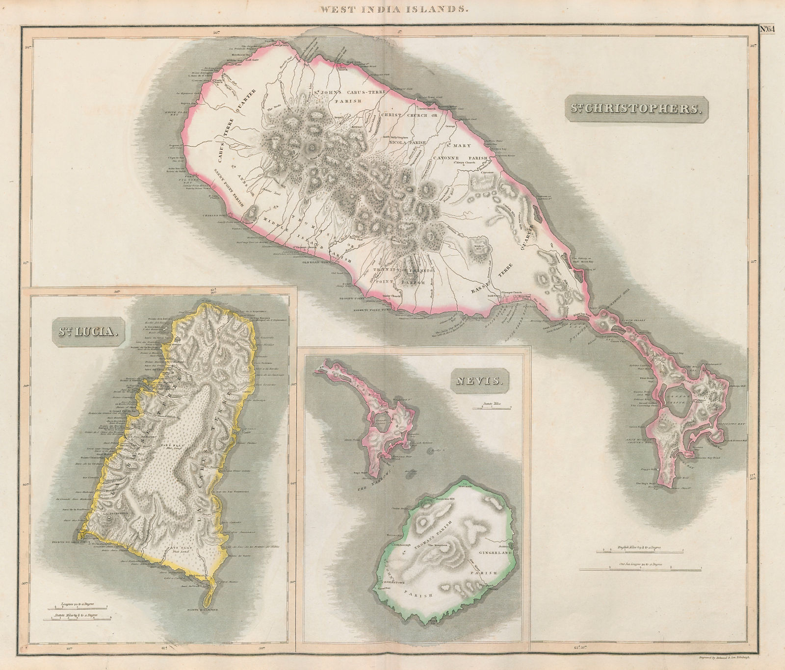St Lucia, St Christophers & Nevis. St Kitts. West Indies. THOMSON 1817 old map