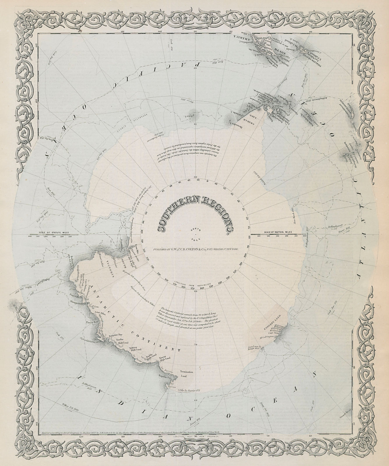 "Southern Regions". South Pole Antarctica. Explorers' routes. COLTON 1869 map