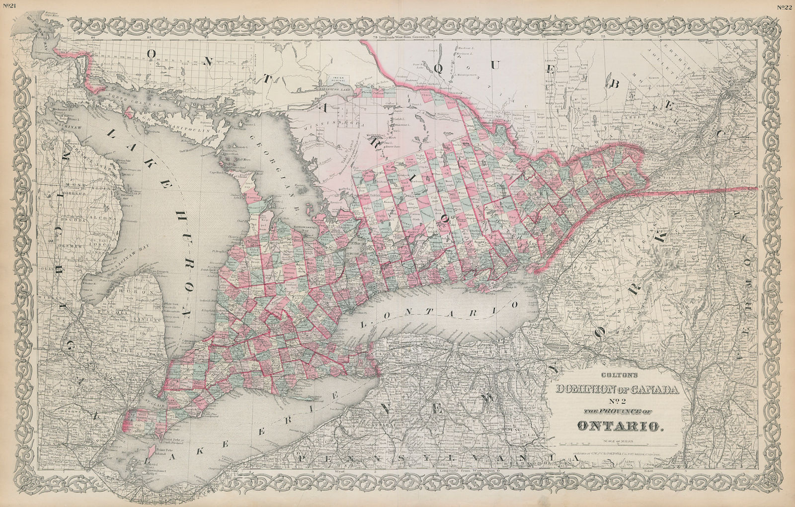 Colton's Dominion of Canada No. 2 Ontario. Great Lakes. Upper New York 1869 map