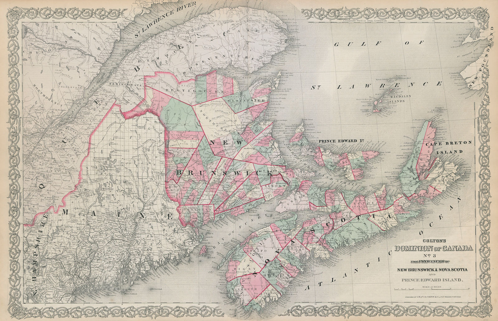 Colton's Dominion of Canada No.3 New Brunswick, Nova Scotia & PEI 1869 old map
