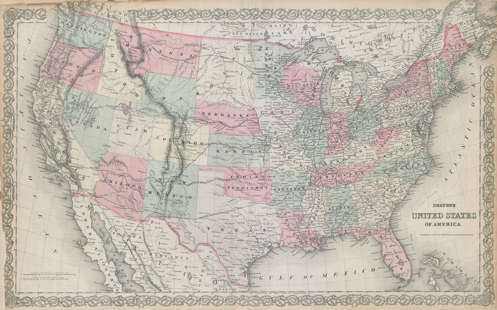Associate Product Colton's United States of America. Dakota & Wyoming merged. Railroads 1869 map