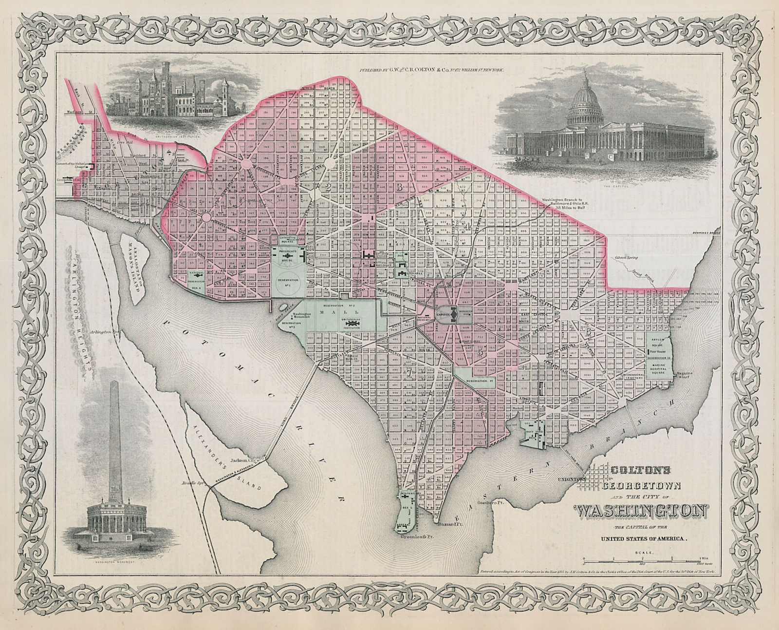 Georgetown and the City of Washington. Washington DC town plan. COLTON 1869 map