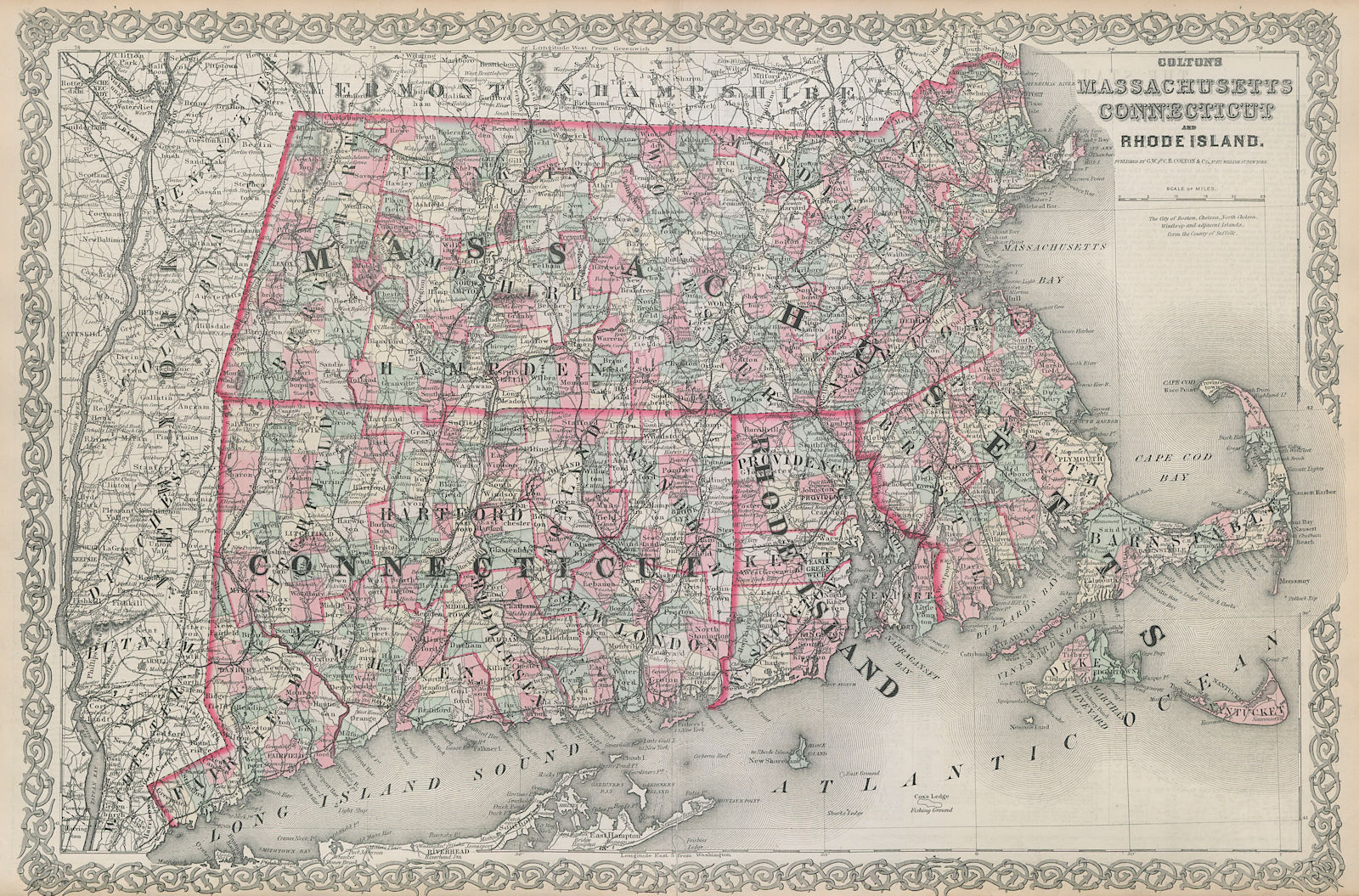 Associate Product Colton's Massachusetts, Rhode Island & Connecticut. New England South 1869 map