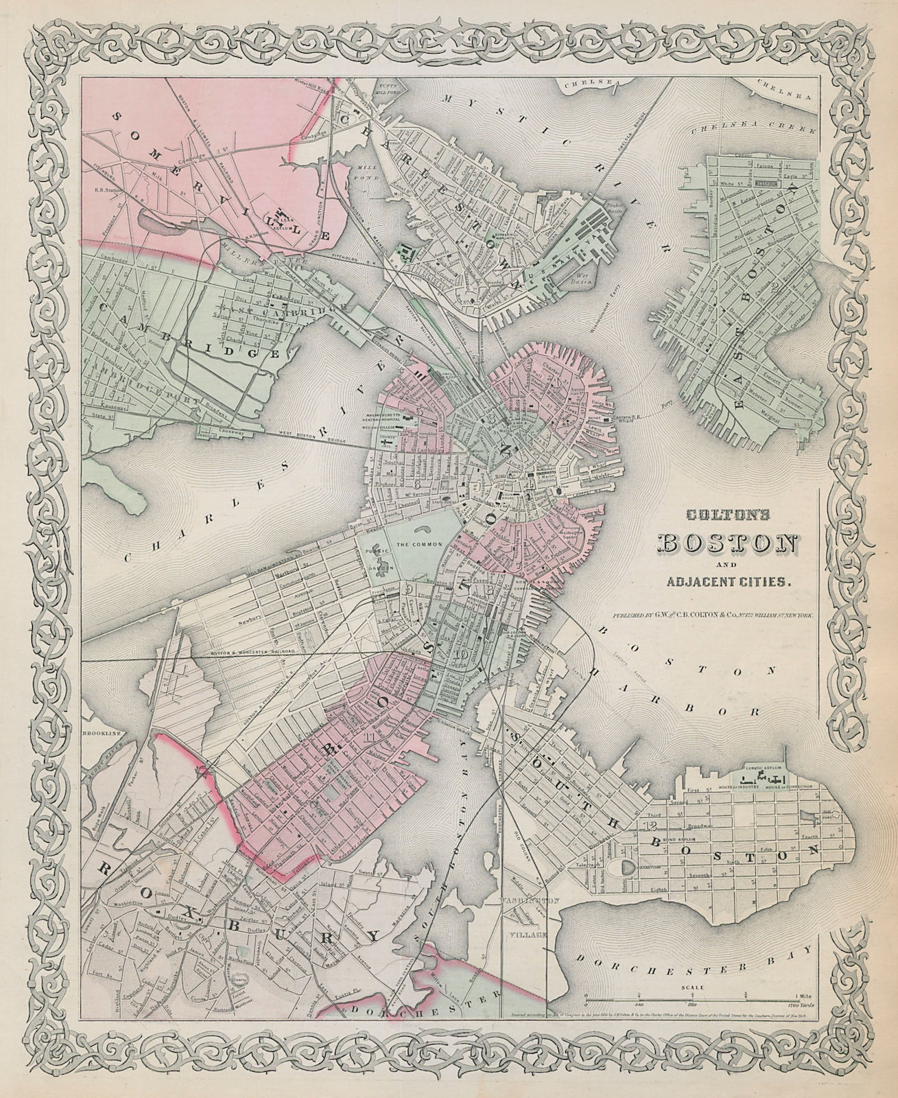 Associate Product Boston and adjacent cities. Decorative antique town city plan. COLTON 1869 map