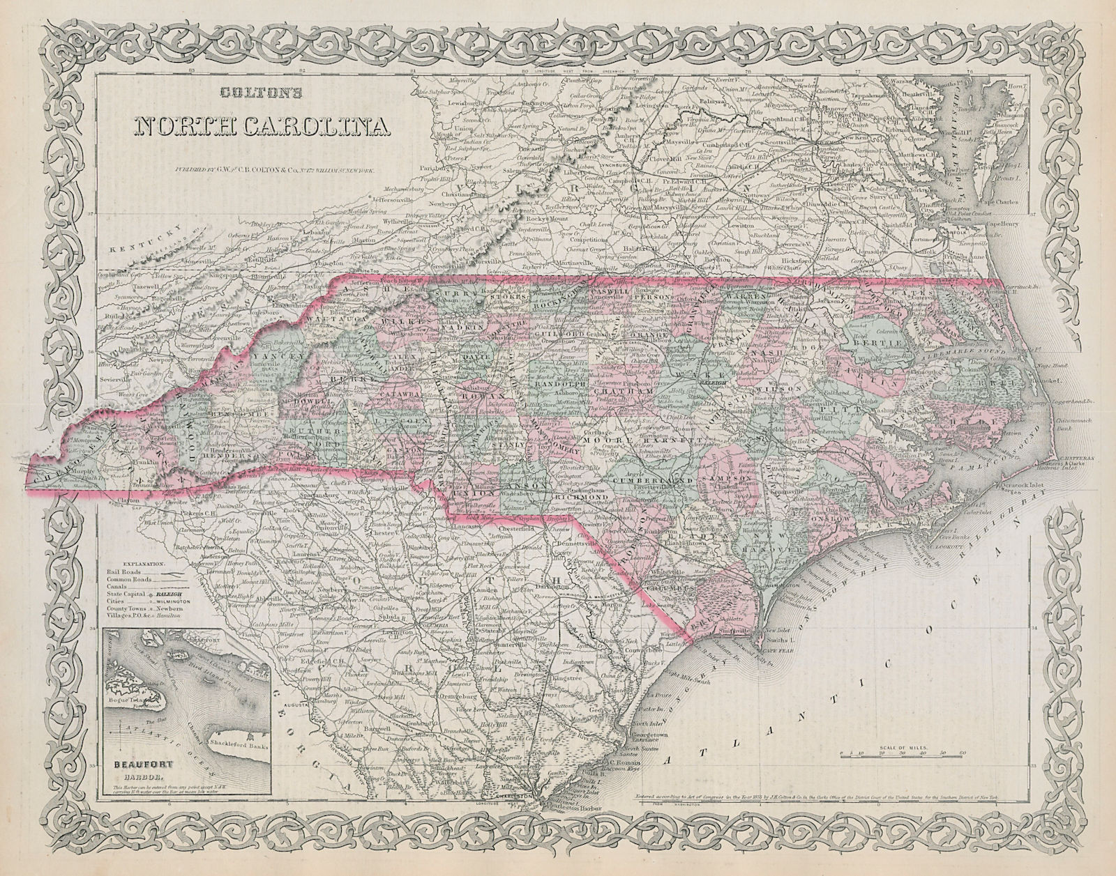 Colton's North Carolina. Decorative antique US state map 1869 old