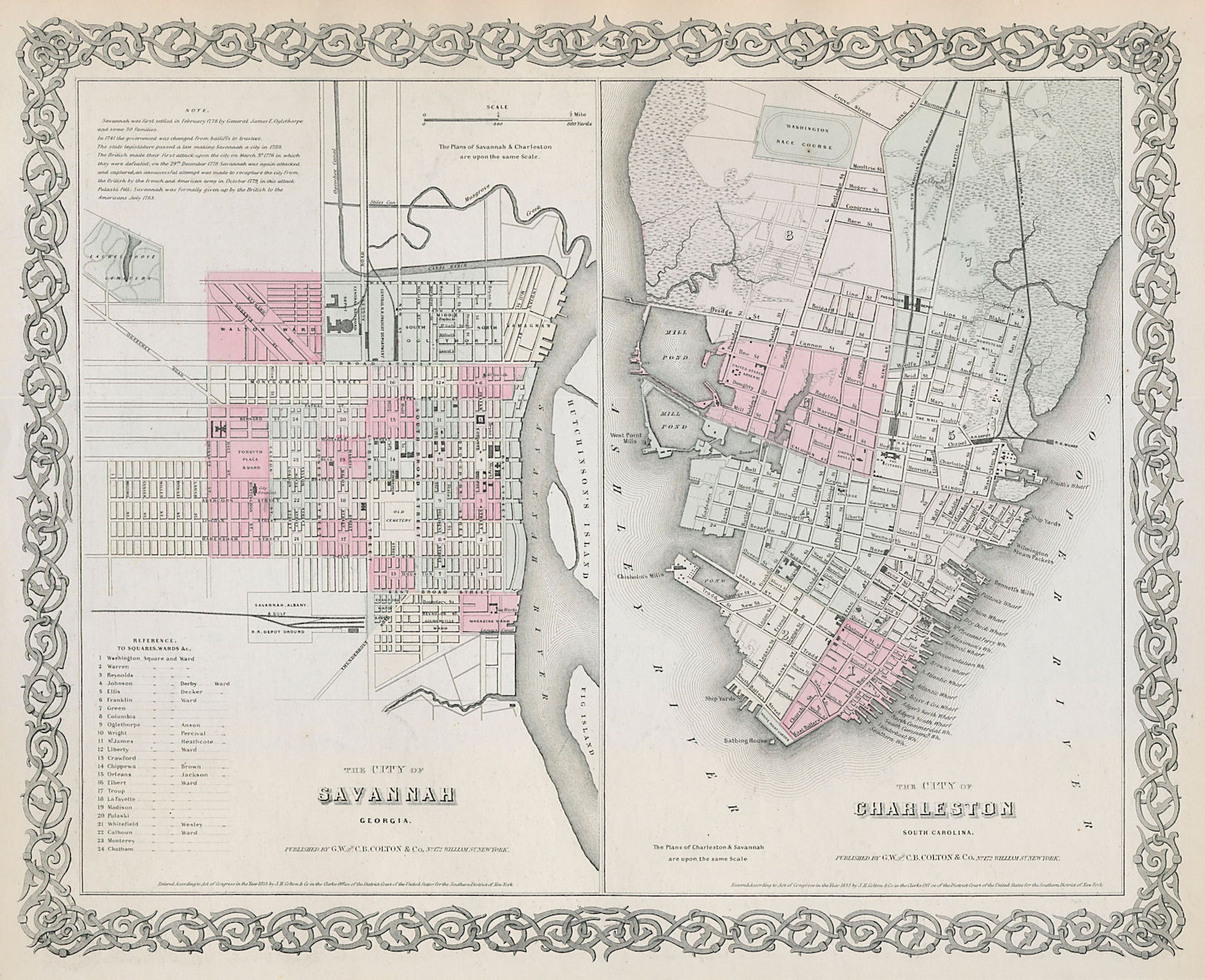 Associate Product Savannah, Georgia & Charleston, South Carolina antique city plan COLTON 1869 map