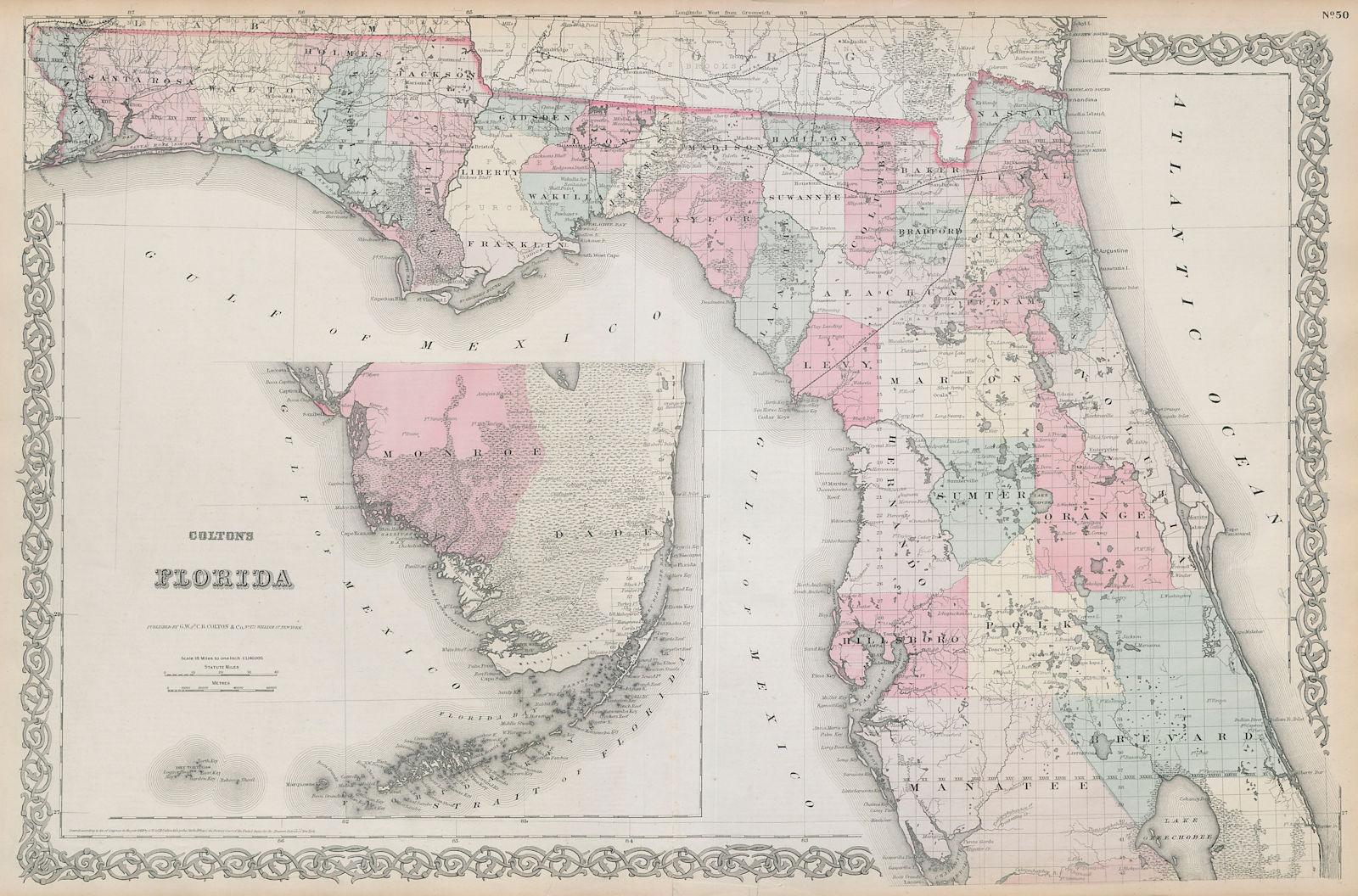 Associate Product Florida. Decorative antique US state map. Ft. Lauderdale Tampa. COLTON 1869
