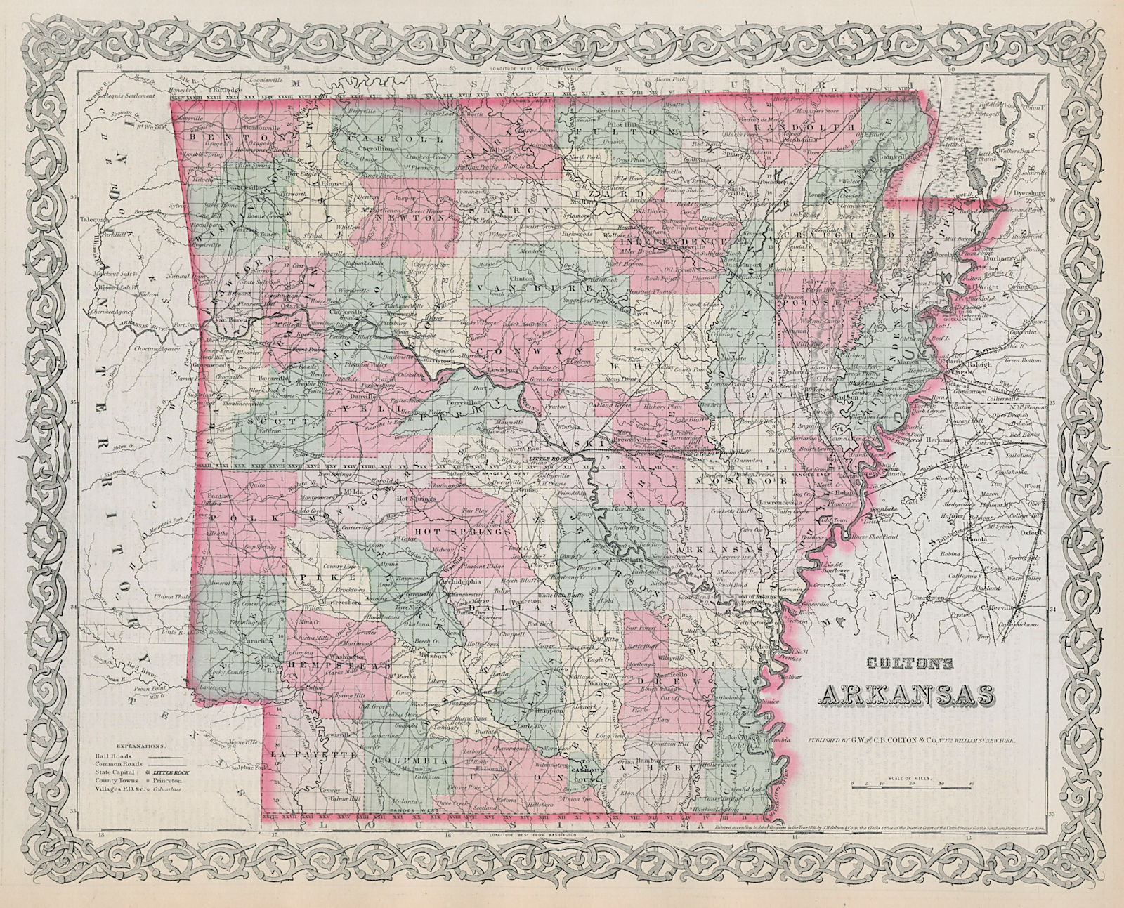 Colton's Arkansas. Decorative antique US state map 1869 old chart