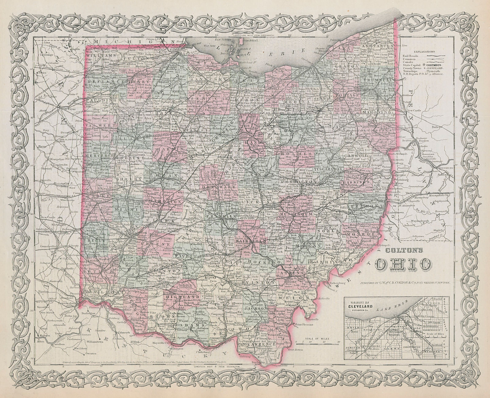 Associate Product Colton's Ohio. Decorative antique US state map. Cleveland 1869 old