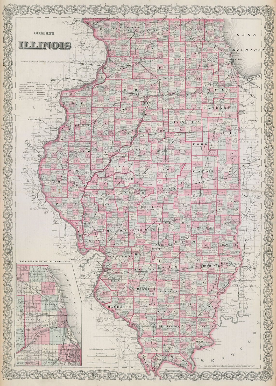 Associate Product Colton's Illinois. Decorative antique US state map 1869 old chart