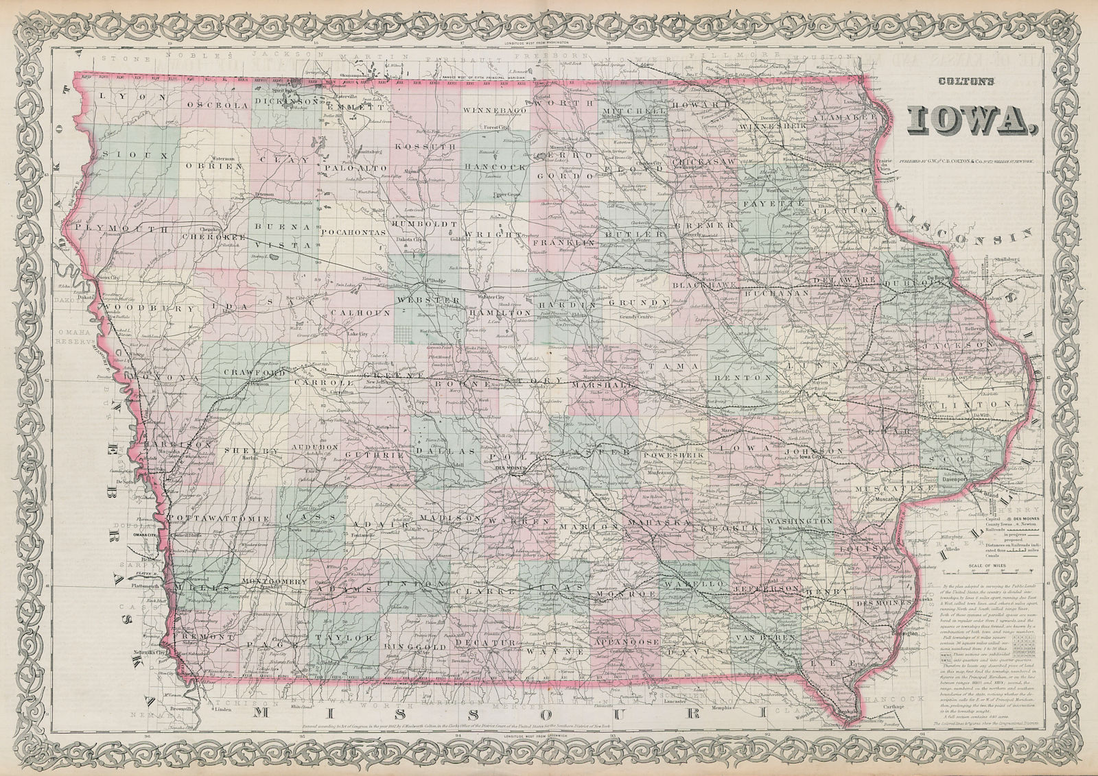 Associate Product Colton's Iowa. Decorative antique US state map 1869 old plan chart