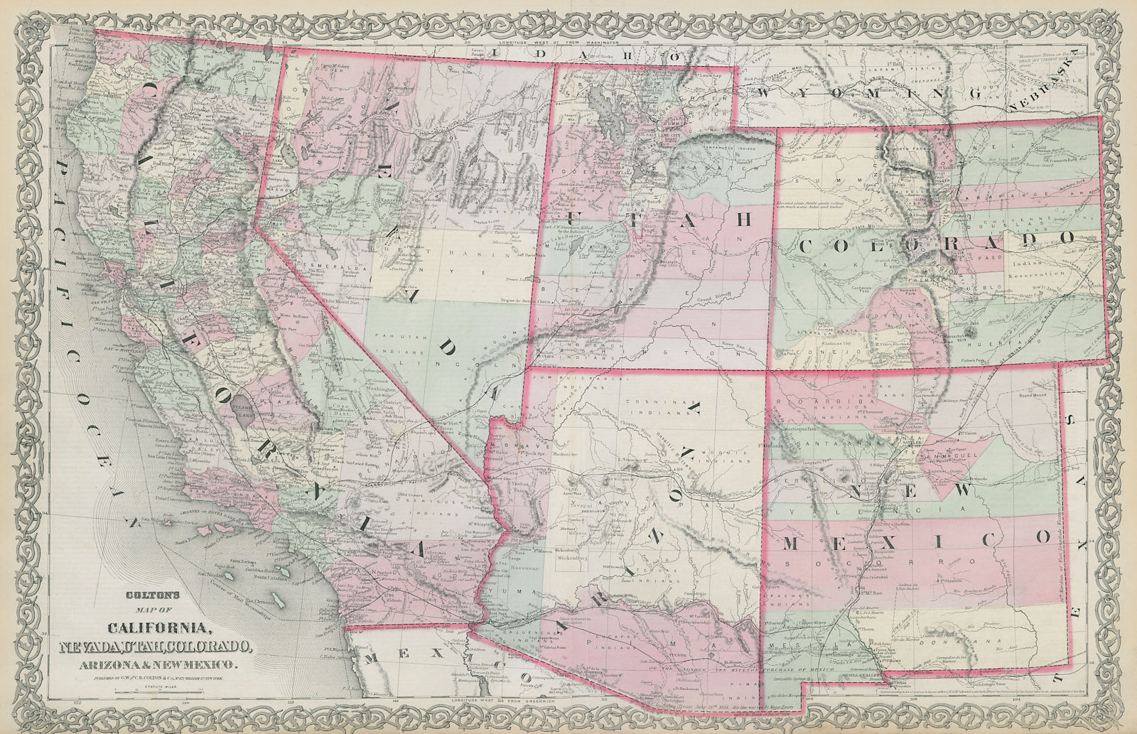 Colton's map of California, Nevada, Utah, Colorado, Arizona & New Mexico 1869
