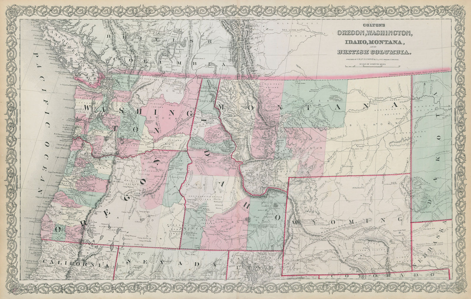 Colton's Oregon, Washington, Idaho, Montana & British Columbia. Wyoming 1869 map