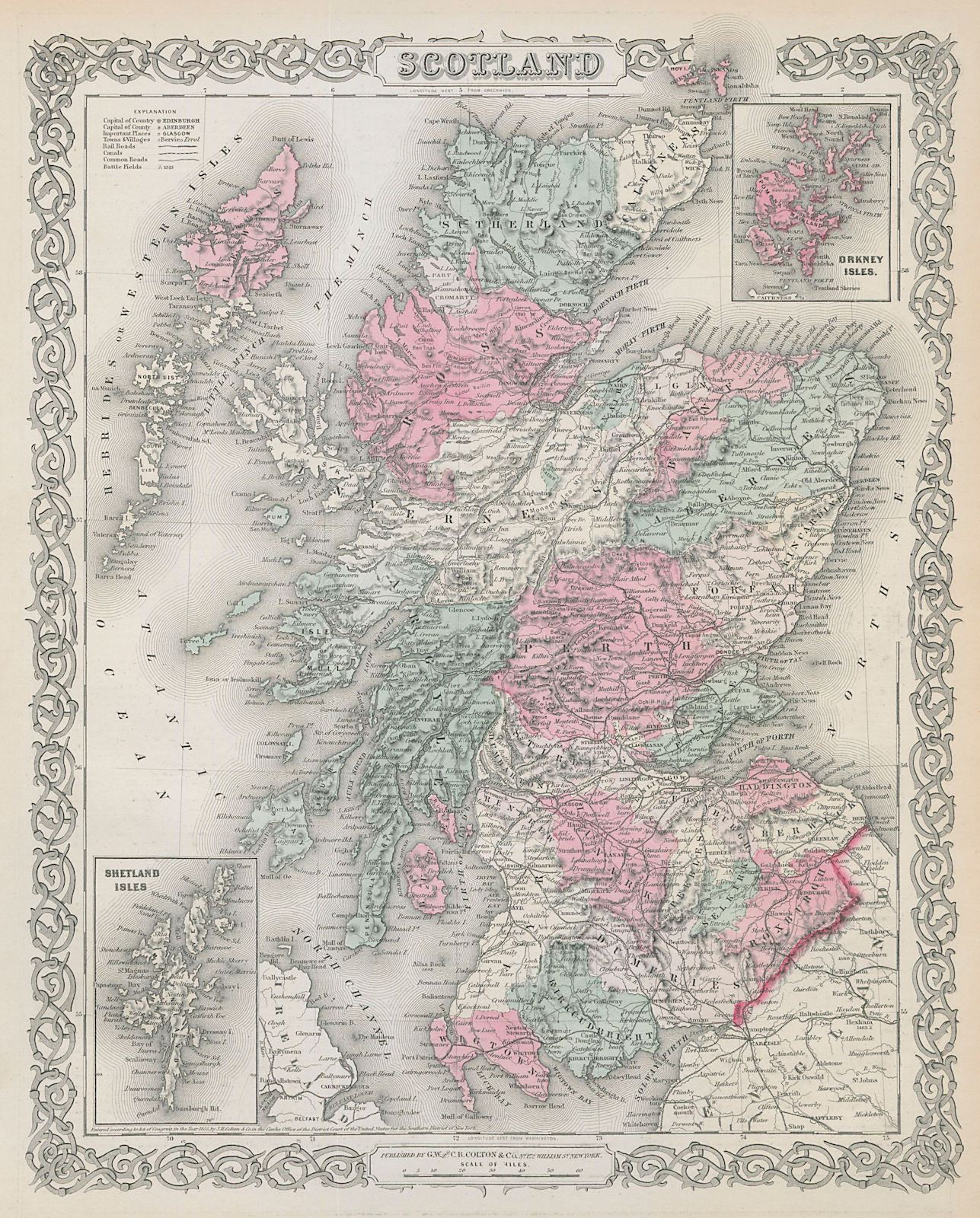 Scotland. Decorative antique map. COLTON 1869 old plan chart