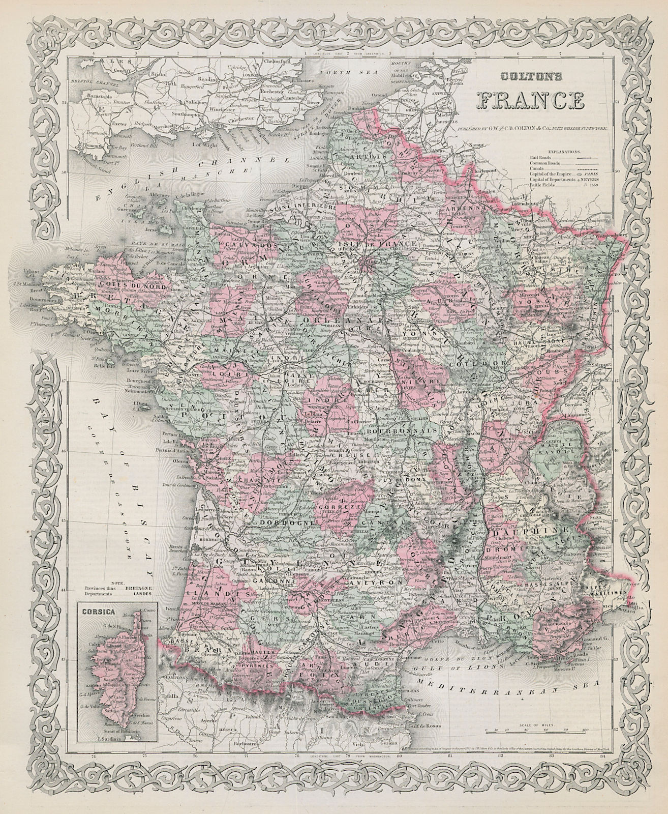 Colton's France in departments and provinces. Decorative antique map 1869
