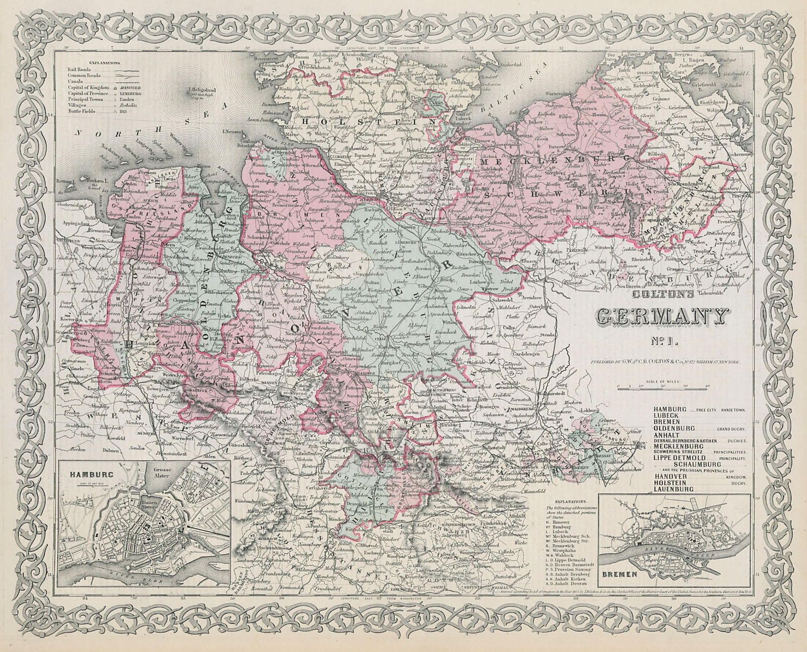 Colton's Germany No 1. Northern Germany. Hamburg & Bremen plans 1869 old map